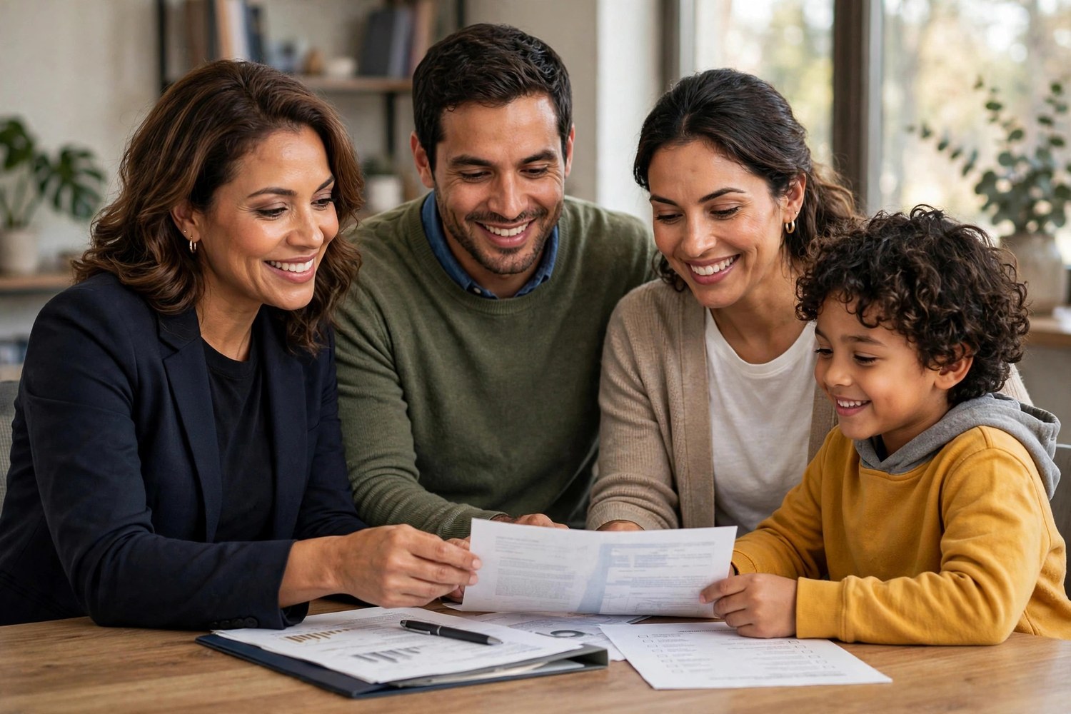 An advocate reviewing documents together with a smiling family